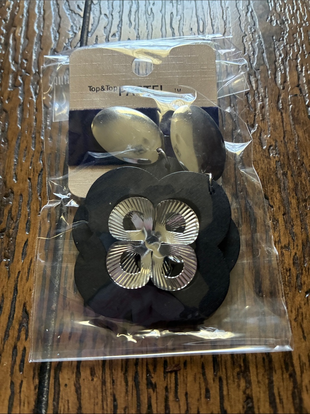 Black Floral Drop Earrings with Silver Accent